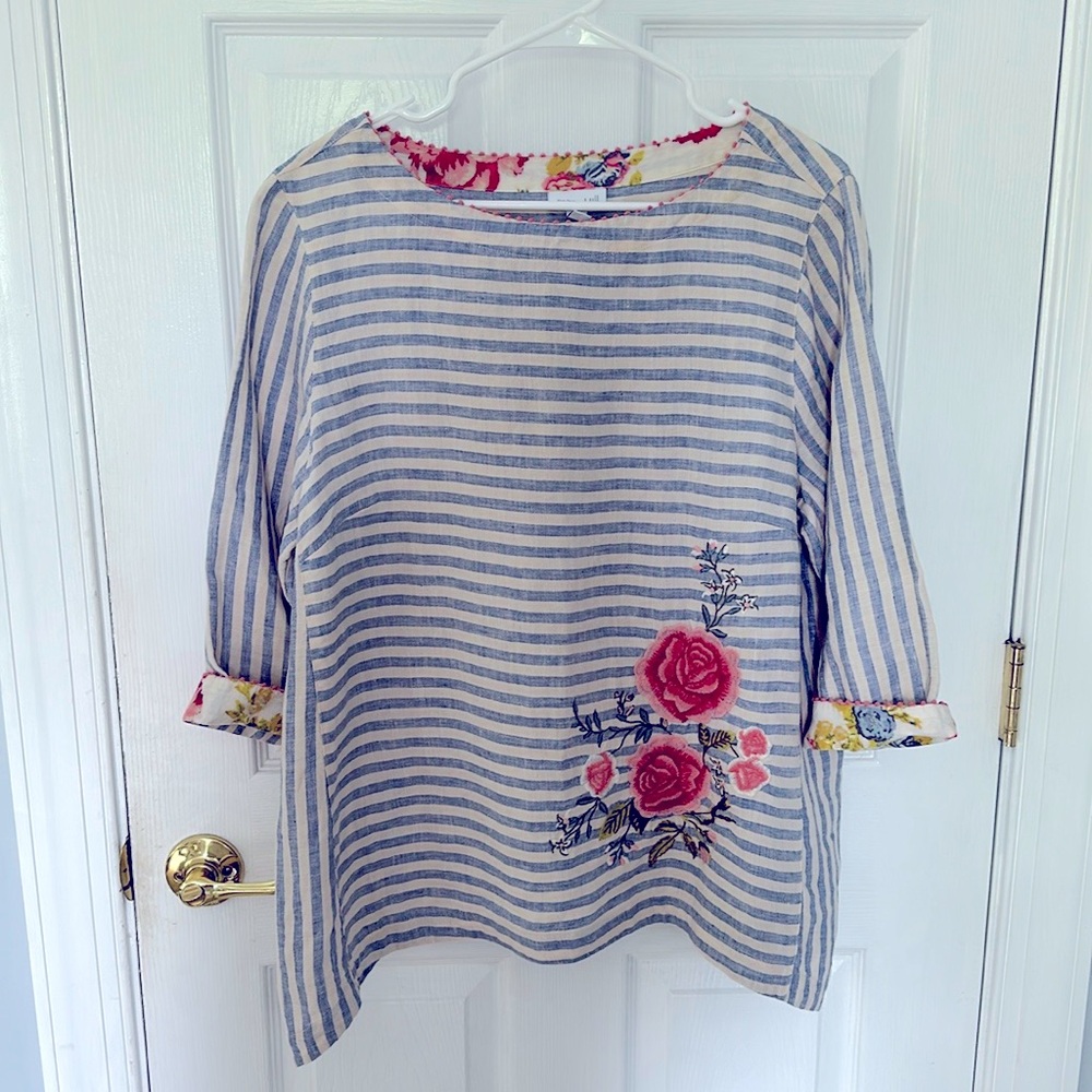 J. Jill Love Linen Tunic Top Women’s Large Petite LP Blue Stripe Shirt Flowers